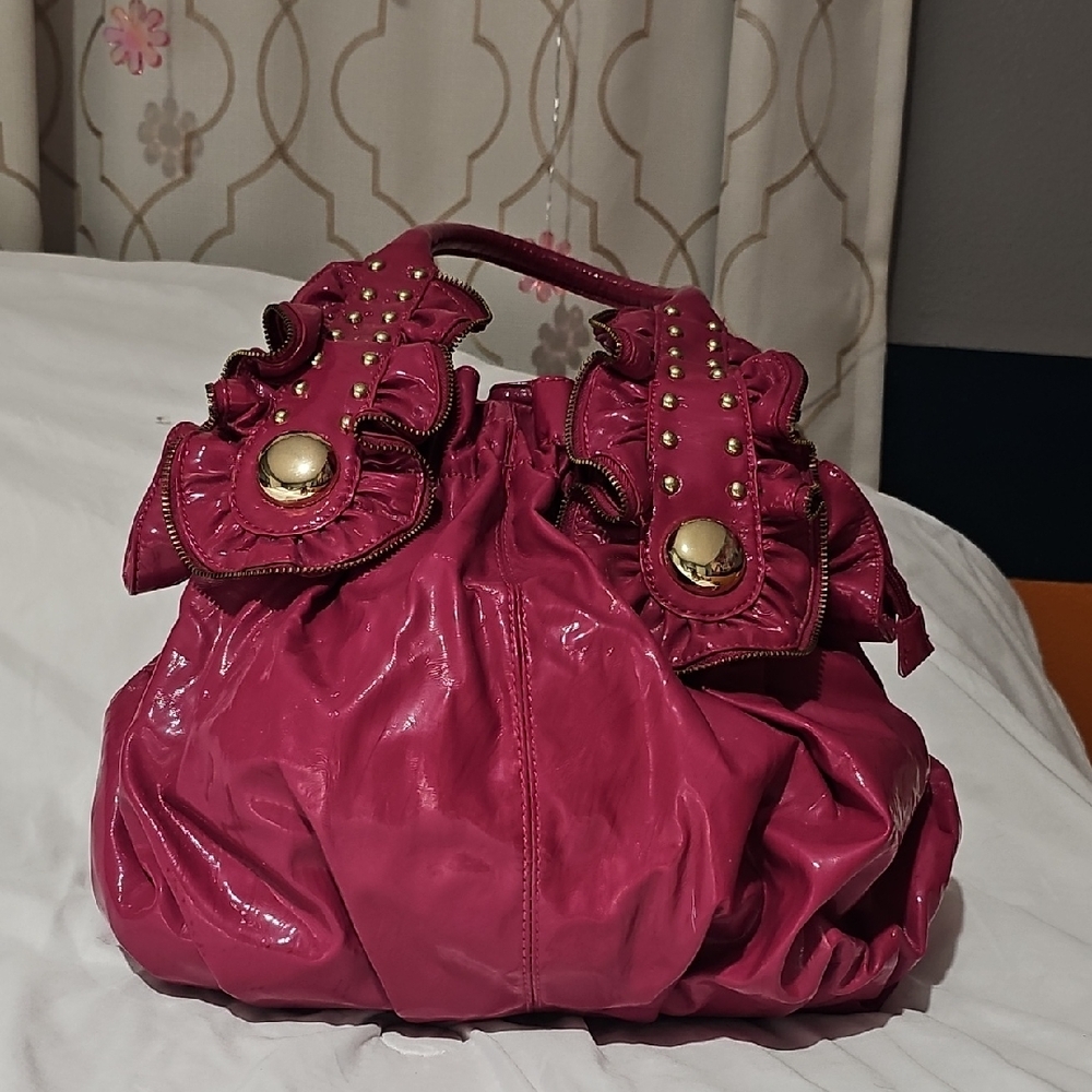 Candice Los Angeles Hot Pink Patent Shoulder Bag – Ruffle & Stud Detail